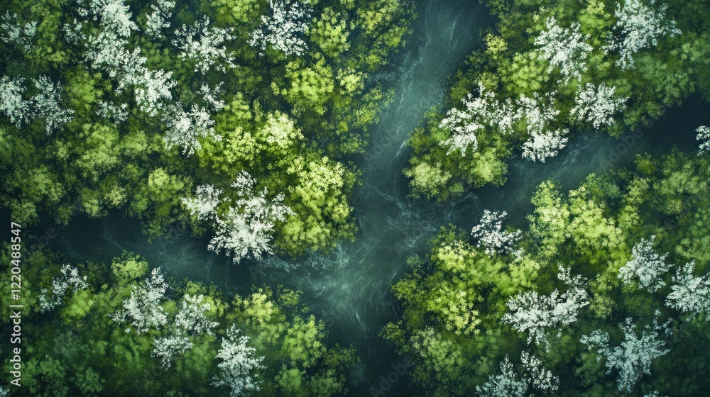 Fototapeta premium Aerial view of a river flowing through a dense forest with white and green foliage