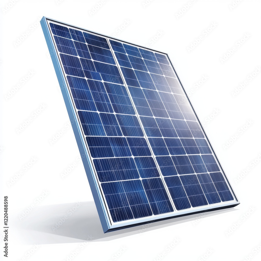 A single solar panel standing upright with visible grid details and a realistic metallic frame, isolated on a clean white background A single solar panel standing upright with visible grid details and a realistic metallic frame, isolated on a clean white background