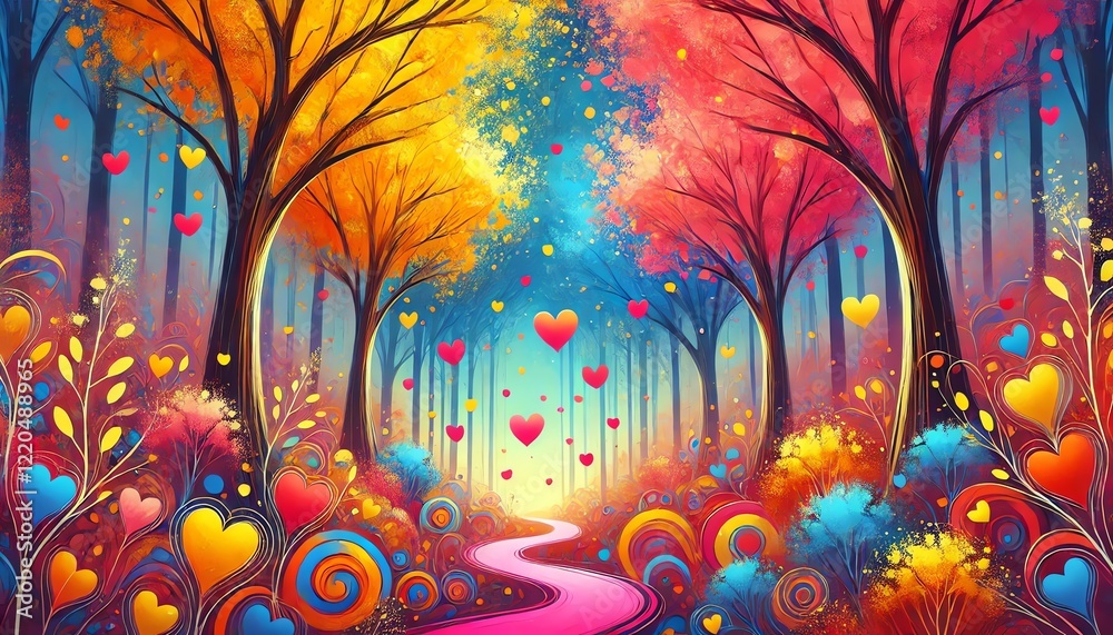 Obraz premium A vibrant, whimsical painting of a magical autumn forest with colorful trees in shades of orange, yellow, and blue