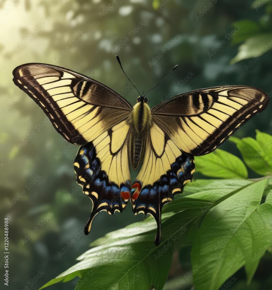 Fototapeta premium A majestic swallowtail butterfly resting on a leaf, winged creature, swallowtail butterfly