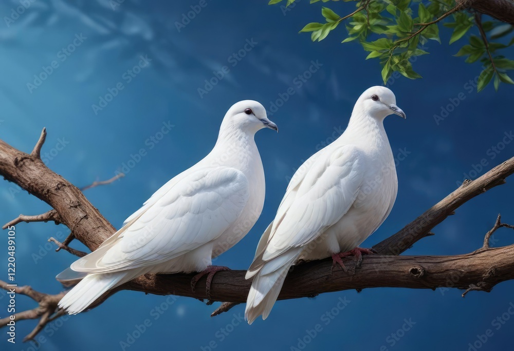 A majestic white dove resting on a sturdy wooden branch against a radiant blue backdrop, tranquil atmosphere , peaceful scene A majestic white dove resting on a sturdy wooden branch against a radiant blue backdrop, tranquil atmosphere , peaceful scene