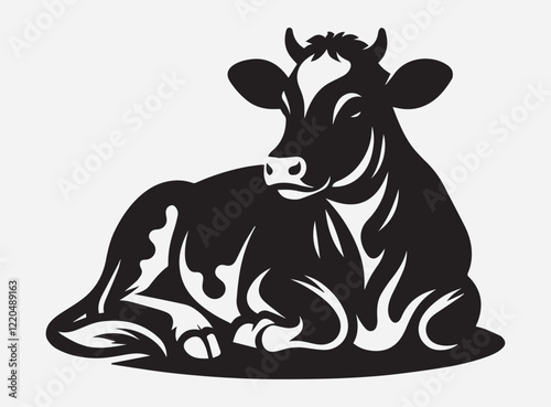 Illustration of a traditional Indian cow calmly sitting in a rural outdoor setting, ideal for culture, agriculture, or village life themes