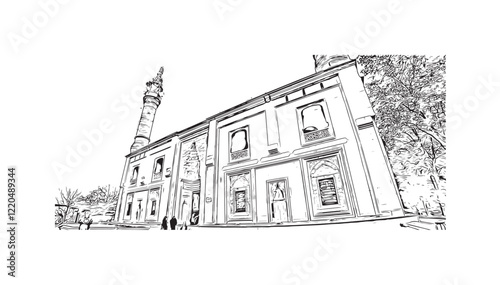 Print Building view with landmark of Bursa inTurkey city. Hand drawn sketch illustration in vector.