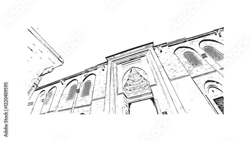Print Building view with landmark of Bursa inTurkey city. Hand drawn sketch illustration in vector.