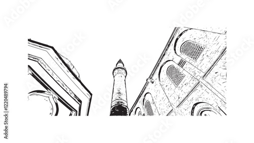 Print Building view with landmark of Bursa inTurkey city. Hand drawn sketch illustration in vector.