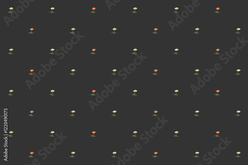 Flower seamless pattern with small cosmos blossom and leaf in cream orange n green on black gray background. Vector illustration. For masculine male shirt lady dress cloth textile vacation cover print