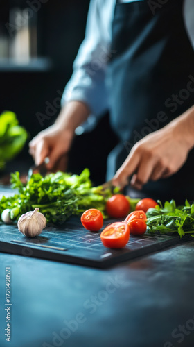 A person is chopping fresh vegetables, including tomatoes and herbs, on a dark kitchen countertop, creating a vibrant culinary scene.