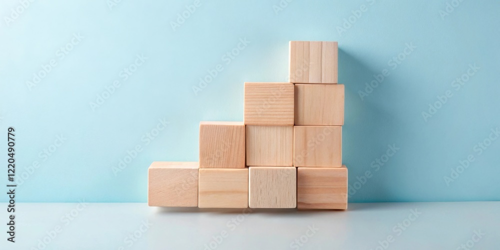 Wooden blocks arranged in an ascending pattern against a light blue background Wooden blocks arranged in an ascending pattern against a light blue background
