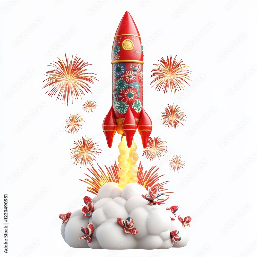 3D icon cartoon fireworks rocket launching into the sky isolated on a white background 3D icon cartoon fireworks rocket launching into the sky isolated on a white background
