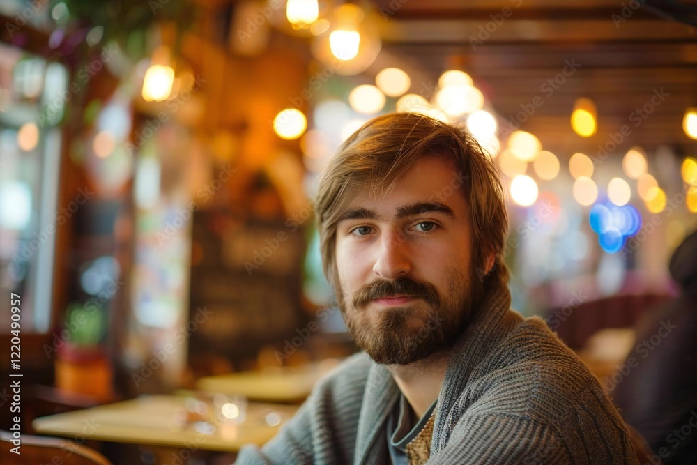 Fototapeta premium Handsome Caucasian Man with Beard in a Cozy Cafe: Blurred Interior with Empty Table