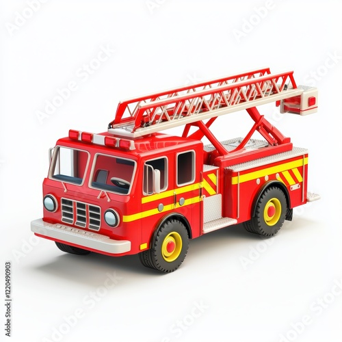 3D icon cartoon fire truck with an extended ladder isolated on a white background -