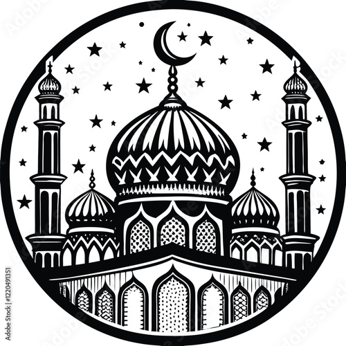 A detailed, stylized, black and white illustration of a mosque, set at night under a star-studded sky.