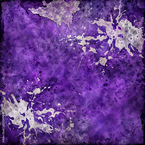 The image is a purple background with splashes of white paint scattered across it, creating a grunge or distressed effect.