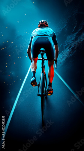 A cyclist rides along a glowing pathway, illuminated by blue light, creating a dynamic and futuristic atmosphere. photo