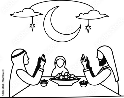 A black and white illustration of a Muslim family sitting around a table, giving thanks for their meal during Ramadan.