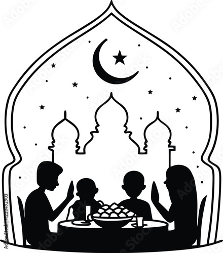 A black and white illustration of a Muslim family sitting around a table, giving thanks for their meal during Ramadan.