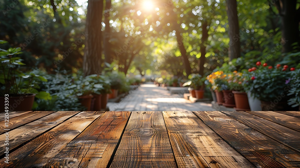 Wood desk in front of a natural garden background. Summer lifestyle concept Wood desk in front of a natural garden background. Summer lifestyle concept