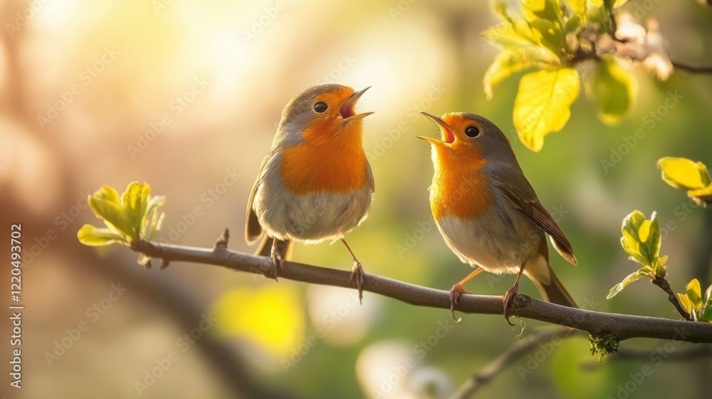 Funny small birds sing while perched on a branch in a sunny park in the spring. Funny small birds sing while perched on a branch in a sunny park in the spring.