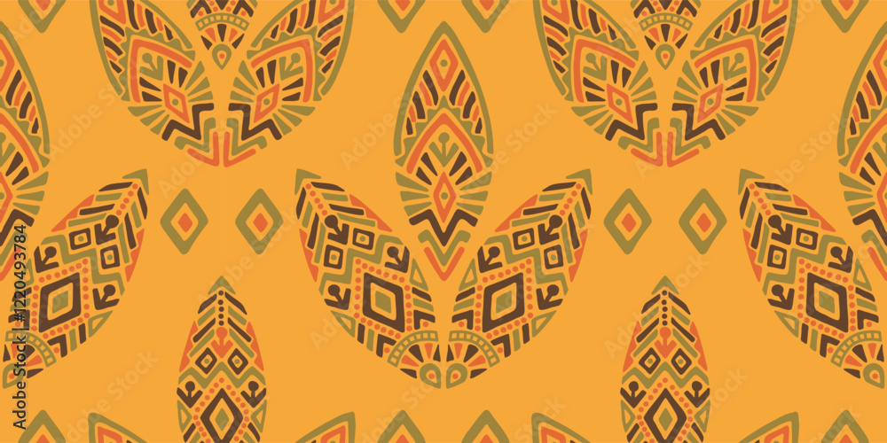 Fototapeta premium Seamless African pattern with leaf shield. Savanna tribal vector ornament. Hand drawn weave ethnic carpet. Modern geo print on textile. Ancient rug design for bohemian interior