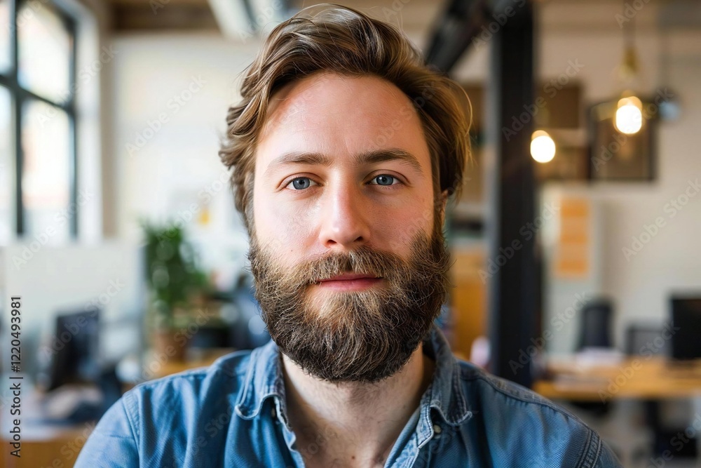 Naklejka premium Attractive Caucasian Man with Beard Leads AI Innovation in Sustainable Office Space