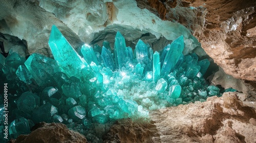 A stunning crystal cavern with shimmering turquoise and emerald gemstones glowing brightly, creating enchanting reflections photo