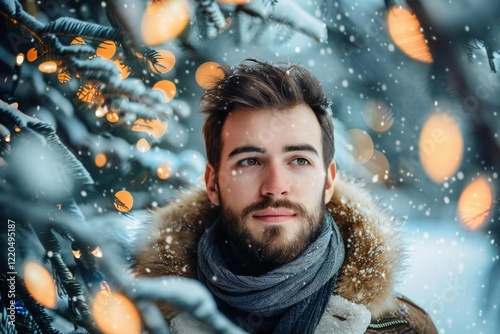 Handsome Caucasian Man with Beard in Winter Wonderland: Festive Christmas Landscape with Snowy Background and Christmas Lights photo