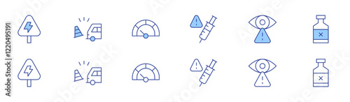 Risk icon set in two styles, Duotone and Thin Line style. Editable stroke. high voltage, risk, monitored, poison, car