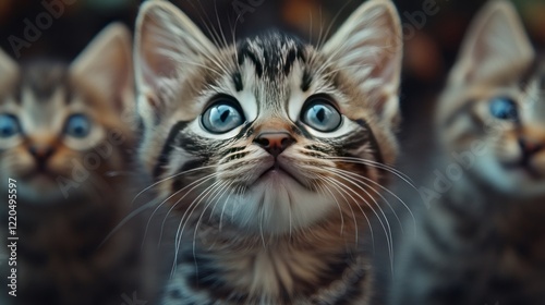 Cute kittens looking up, garden background, pet adoption