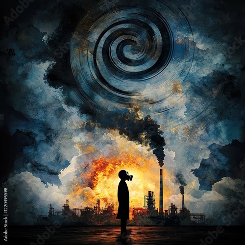 surreal dystopian illustration of industrial chaos – dark surreal dystopian illustration with spiral sky – conceptual surreal dystopian illustration about pollution and future