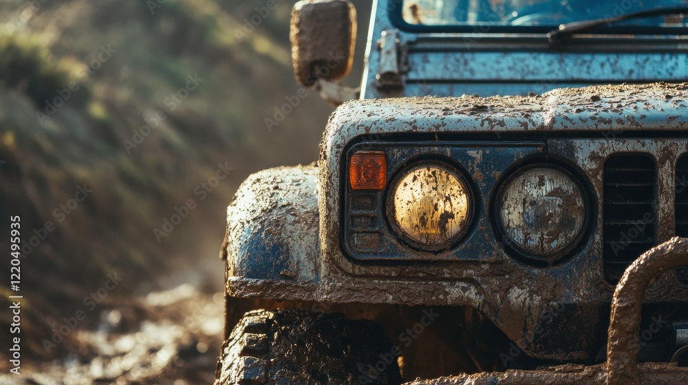 Close-Up of Muddy Vehicle on Rocky Trail Close-Up of Muddy Vehicle on Rocky Trail