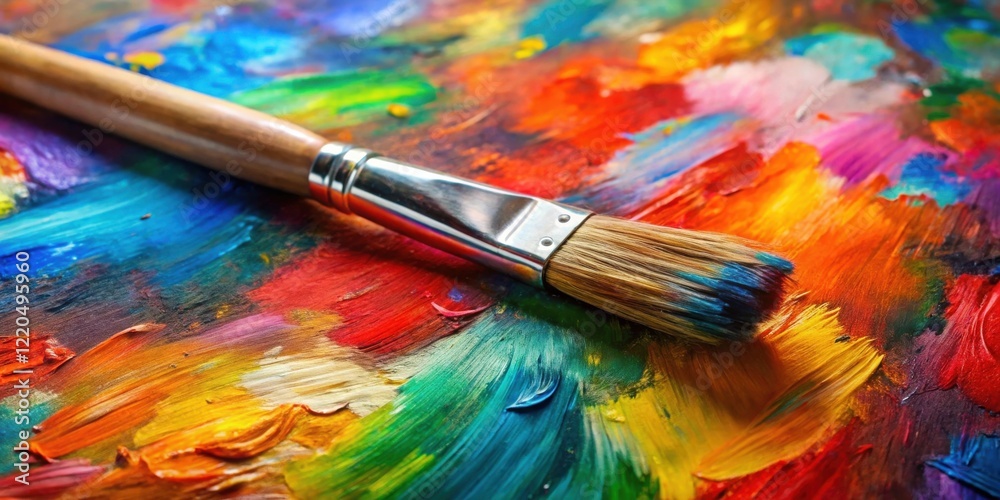 Fototapeta premium Vibrant Oil Paint Palette with Artist's Brush Resting on Thickly Applied Colors