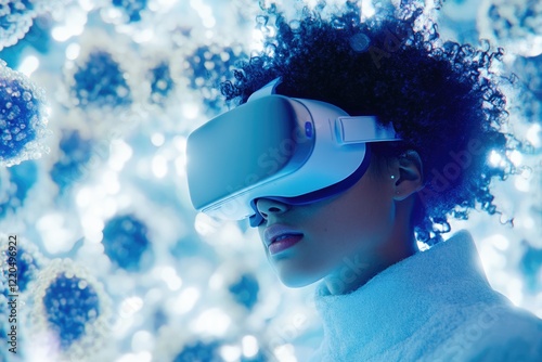A woman with afro hair explores a virtual world of blue cells using VR technology.