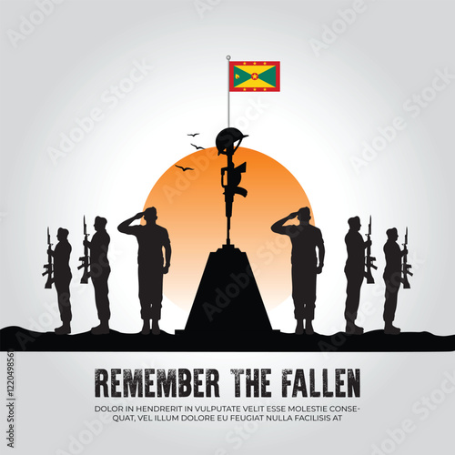Grenada flag in remember the fallen flag for morning sun and army design