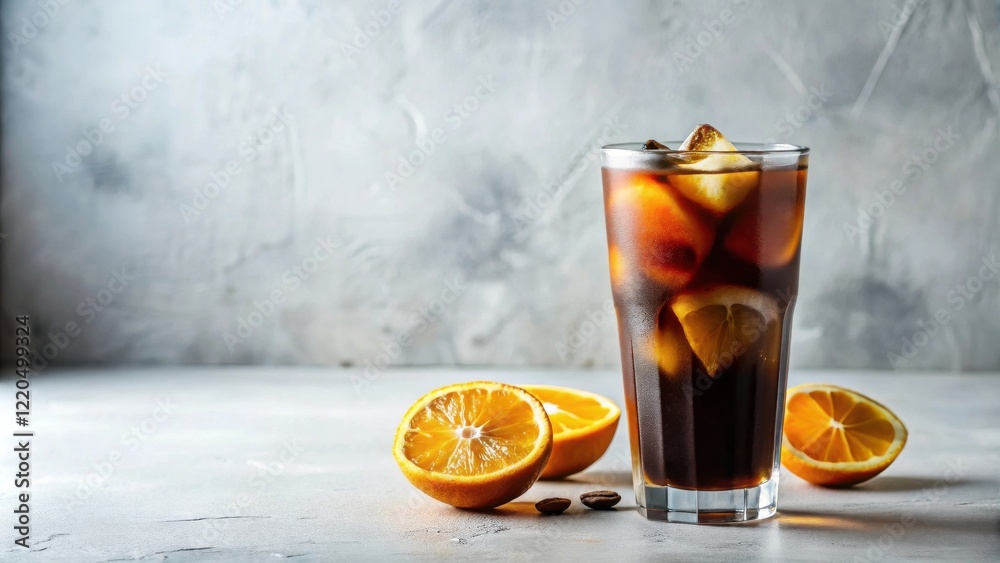 Refreshing Iced Coffee with Citrus Slices and Ice Cubes in a Tall Glass