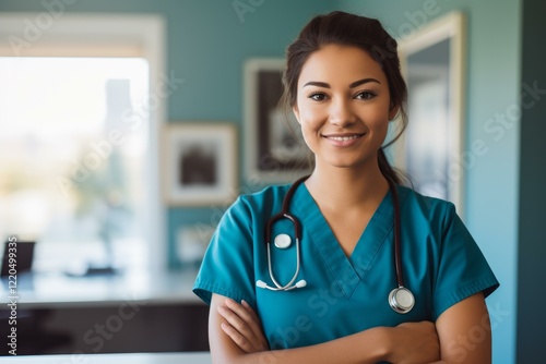 Confident medical professional smiling with arms crossed, wearing teal scrubs and stethoscope in a hospital setting photo