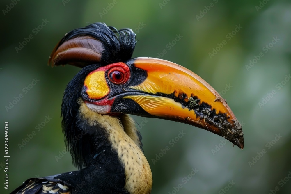 Close up of a rhinoceros hornbill showcasing its vibrant colors and unique beak in a natural habitat Close up of a rhinoceros hornbill showcasing its vibrant colors and unique beak in a natural habitat