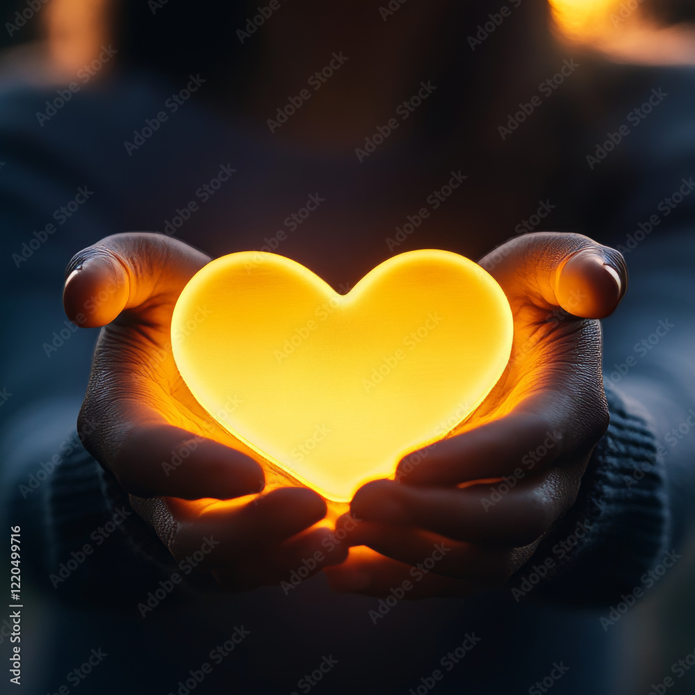 Person holding glowing heart shaped object in their hands, symbolizing love and warmth. soft light creates serene atmosphere, evoking feelings of compassion and connection Person holding glowing heart shaped object in their hands, symbolizing love and warmth. soft light creates serene atmosphere, evoking feelings of compassion and connection