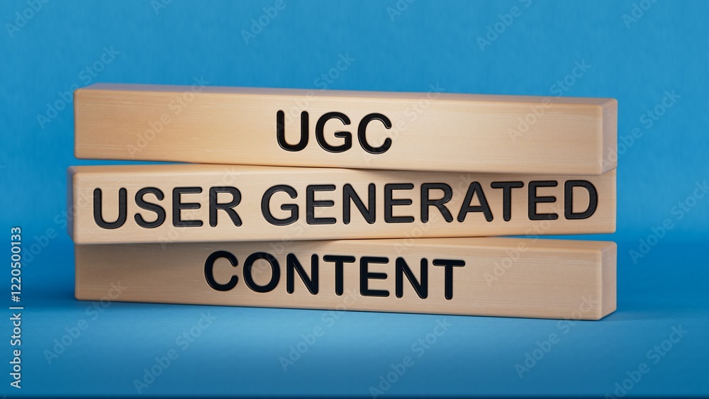 UGC user generated content symbol. Concept words UGC user generated content on wooden blocks.UGC user generated content concept.3D rendering on blue background. UGC user generated content symbol. Concept words UGC user generated content on wooden blocks.UGC user generated content concept.3D rendering on blue background.