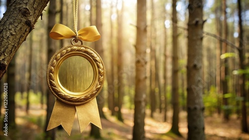 A golden badge with a ribbon attached to it hanging from a tree branch in the forest, wreath, ribbon,  wreath, ribbon photo