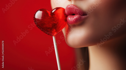Close up of a woman with red lipstick and a valentine heart lolly