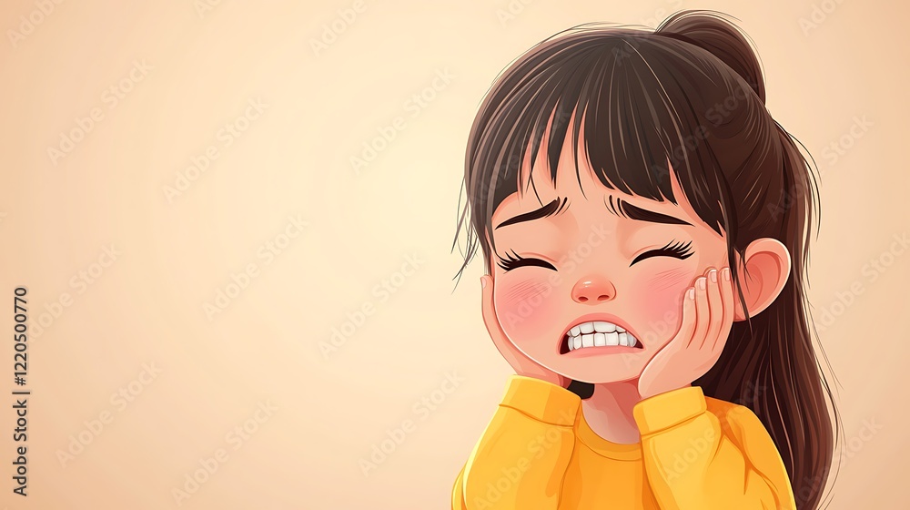 Girl with toothache holding cheeks on beige background Girl with toothache holding cheeks on beige background