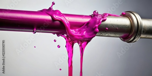 a magenta liquid slowly drips from a metal pipe, chemical spill, toxic substance