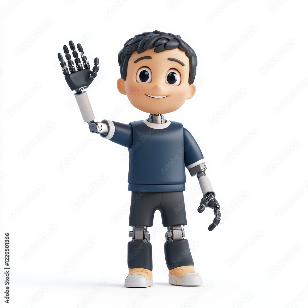 3D icon cartoon person with a prosthetic arm waving, isolated on a white background --quality 2 3D icon cartoon person with a prosthetic arm waving, isolated on a white background --quality 2
