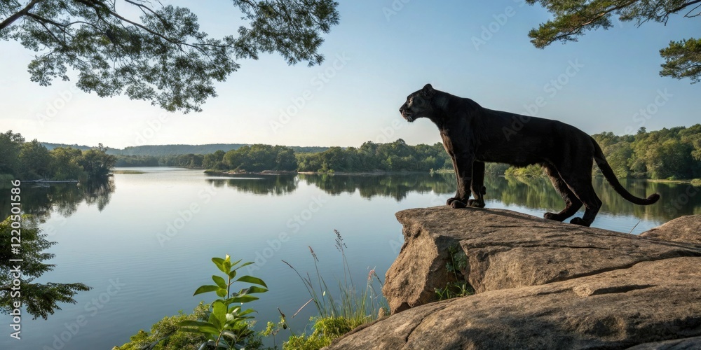 A majestic panther with its head turned to the left stands proudly on a rocky outcropping overlooking a serene lake with trees reflected in the calm water, big cat, wild life photography A majestic panther with its head turned to the left stands proudly on a rocky outcropping overlooking a serene lake with trees reflected in the calm water, big cat, wild life photography