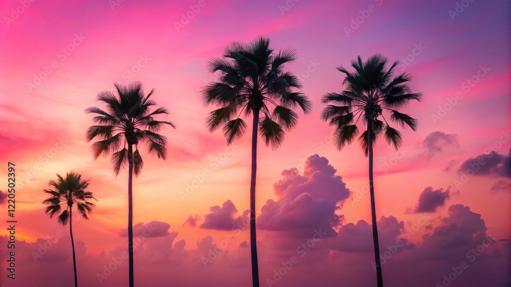 Naklejka premium Silhouettes of tropical palm trees at sunset, vibrant pink and orange sky with fluffy clouds