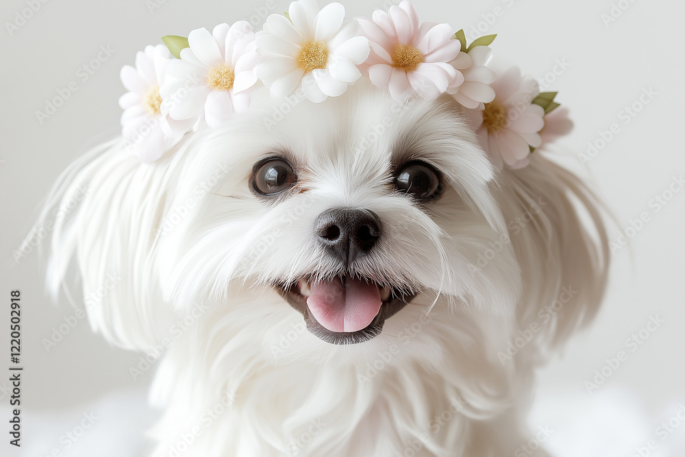 A happy white Maltese wearing a floral crown and surrounded by flowers, smiling joyfully against a soft white background.
