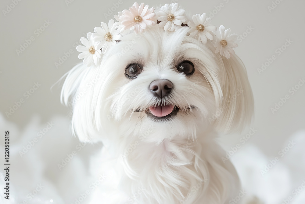 A happy white Maltese wearing a floral crown and surrounded by flowers, smiling joyfully against a soft white background. A happy white Maltese wearing a floral crown and surrounded by flowers, smiling joyfully against a soft white background.
