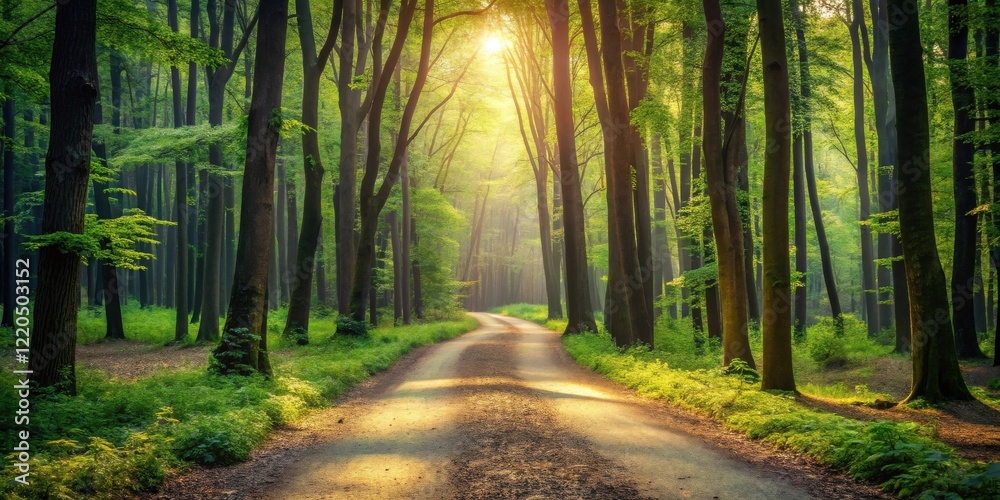 Naklejka premium Serene Forest Path at Sunrise A sunlit road winds through a lush green forest, bathed in the golden glow of morning light.