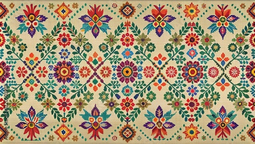 Vibrant Floral Textile Design Featuring Intricate Needlepoint Embroidery with Symmetrical Patterns and a Beige Background