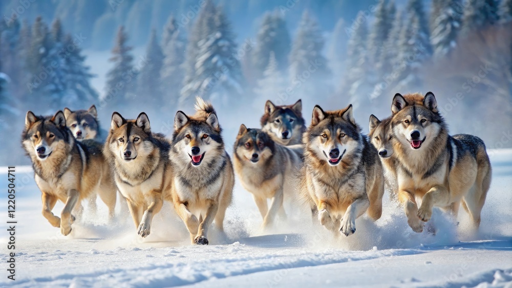 Naklejka premium A pack of wolves running through the snow-covered wilderness on a cold winter morning, animal, outdoors, frozen terrain, wildlife